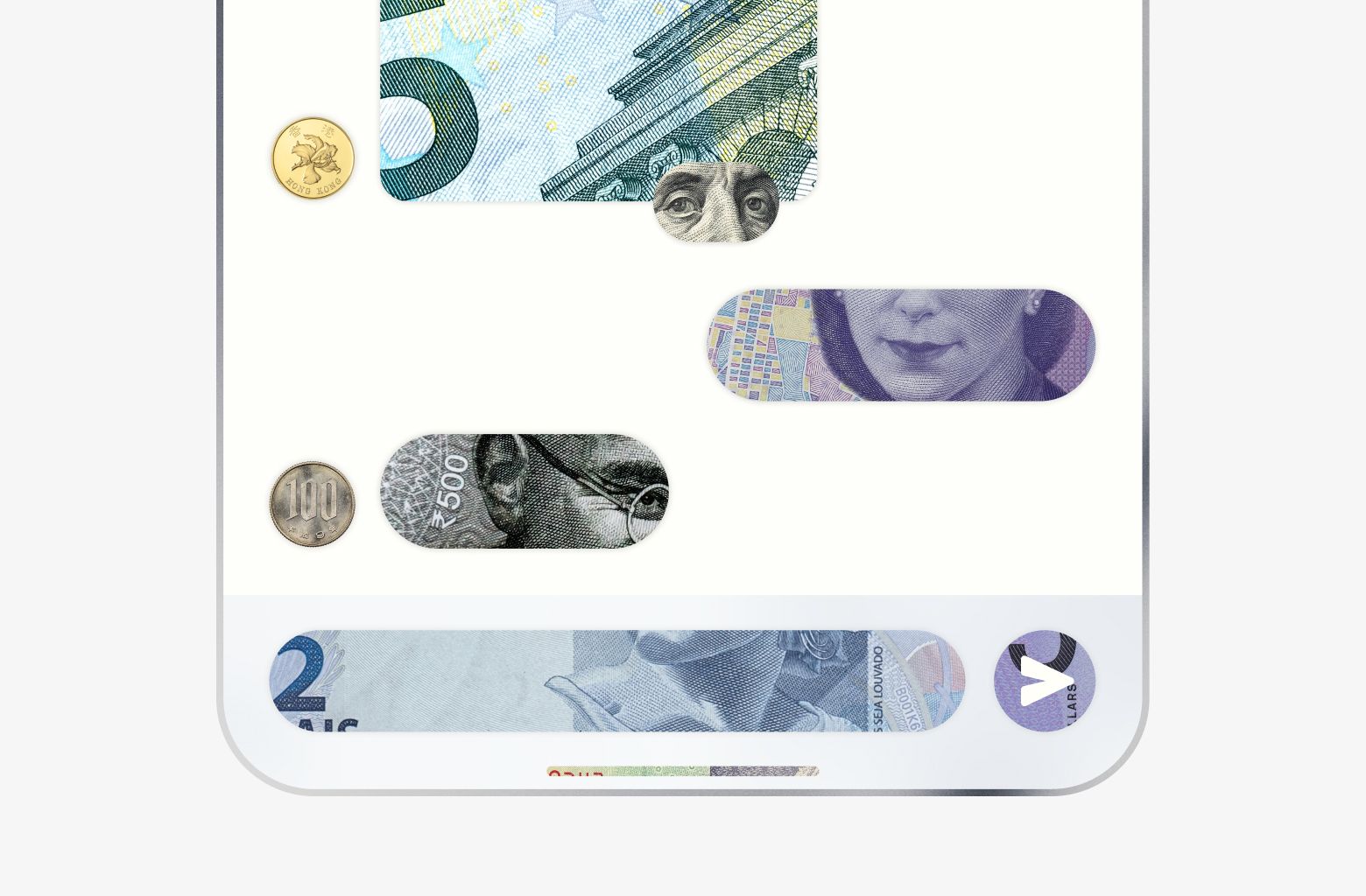 An illustration of a phone screen displaying the 99chat interface. Every interface element is represented by photos of currencies from around the world.